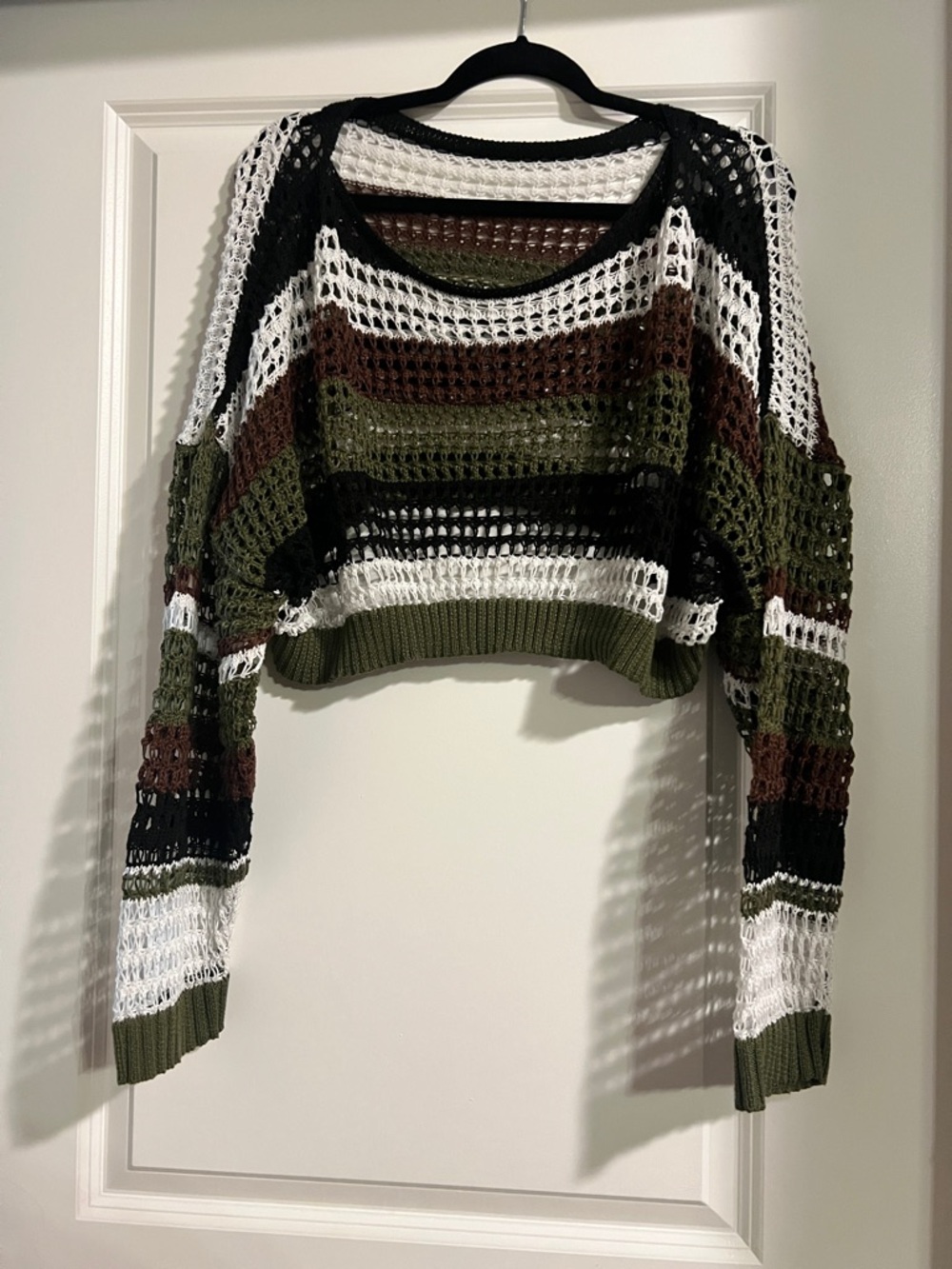 Cropped Open-Knit Striped Sweater - Olive, White & Brown